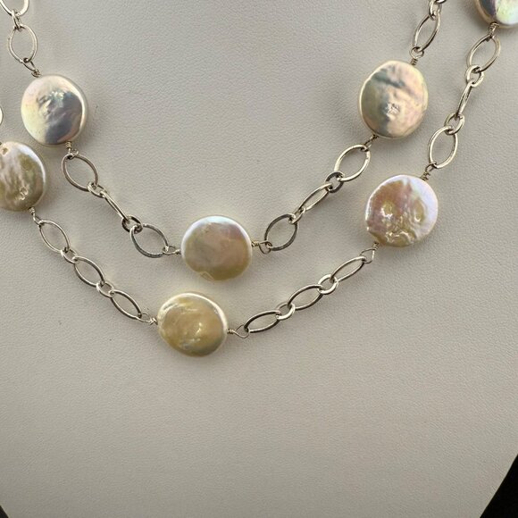 Coin Pearl Necklace Single Strand With Silver-Tone Chain Elegant - Picture 4 of 11